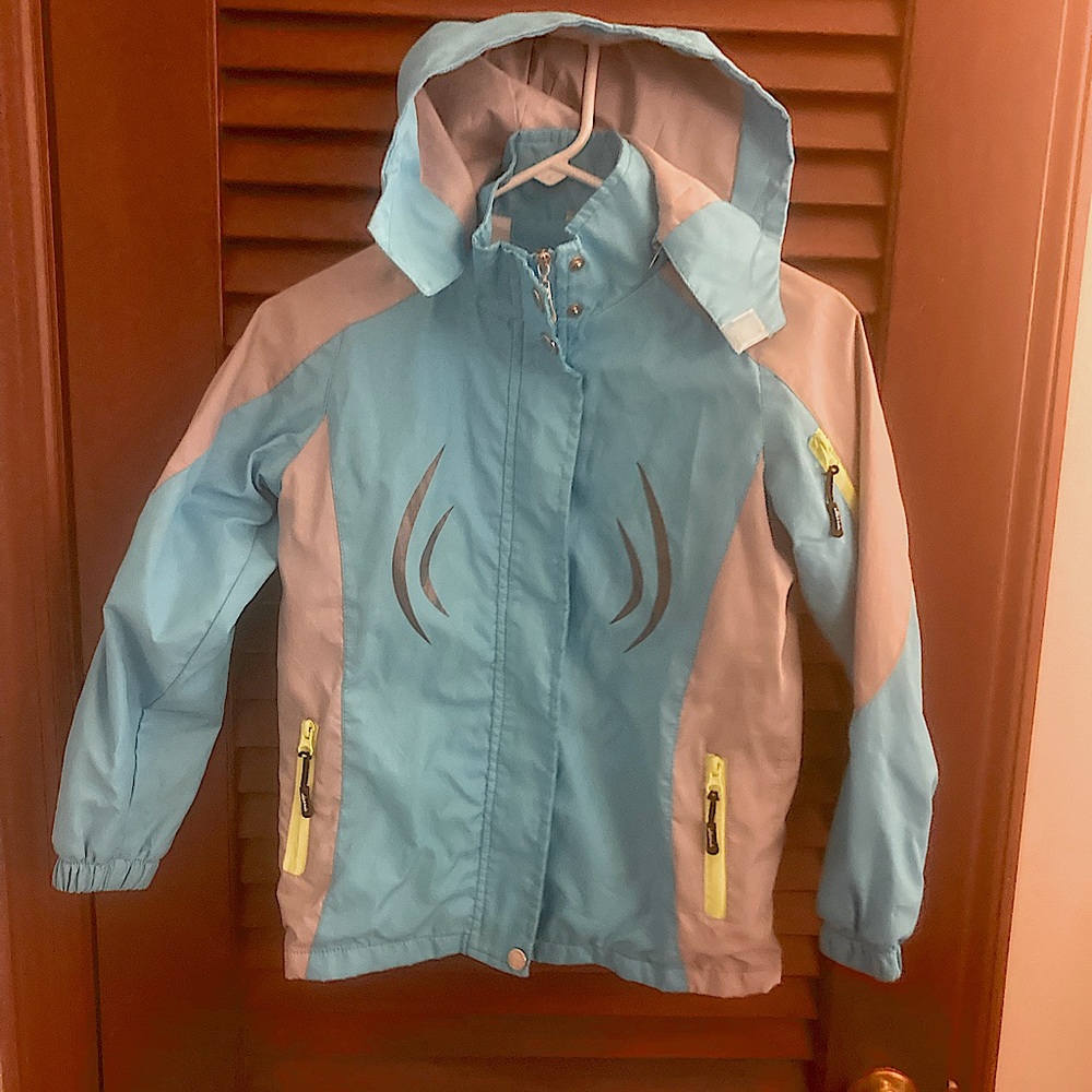 Turquoise and gray raincoat